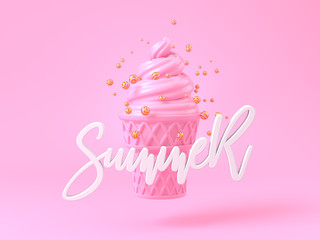 pink icecream with luxury stripe gold sphere to express sweetness of summer. pink sweet dessert on pink background. 3d render