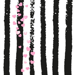 Pink glitter hearts confetti  on black stripes. Shiny random falling sequins with shimmer. Template with pink glitter hearts for party invitation, banner, greeting card, bridal shower.