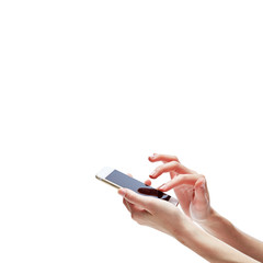 Closeup shot of a woman typing on mobile phone isolated on white background