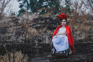 conceptual portrait of beautiful young woman with red lips, red flowers in hair, sitting in wheel chair.