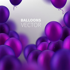 Stock vector illustration party flying purple realistic balloons. Defocused macro effect. Templates for placards, banners, flyers, presentations and reports EPS10