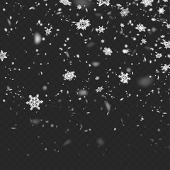 Stock vector illustration realistic defocused falling snow. Snowflakes, snowfall. Transparent background. Fall of snow EPS 10