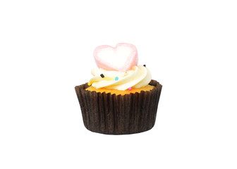 Heart marshmallow cup cake with macro close up  Isolated on white backgrounds