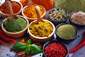 Variety of spices on kitchen table