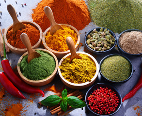 Variety of spices on kitchen table