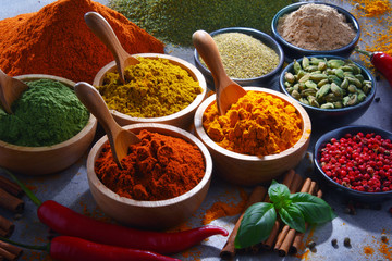Variety of spices on kitchen table