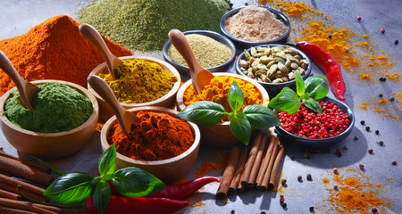 Variety of spices on kitchen table