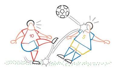 Vector cartoon soccer player man kicking ball and hitting other player's face
