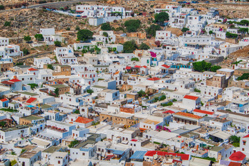 view of lindos city from acropolis on rhodes island