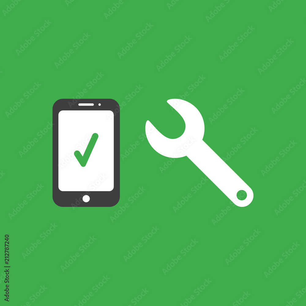 Poster vector icon concept of smartphone with check mark and spanner on green background