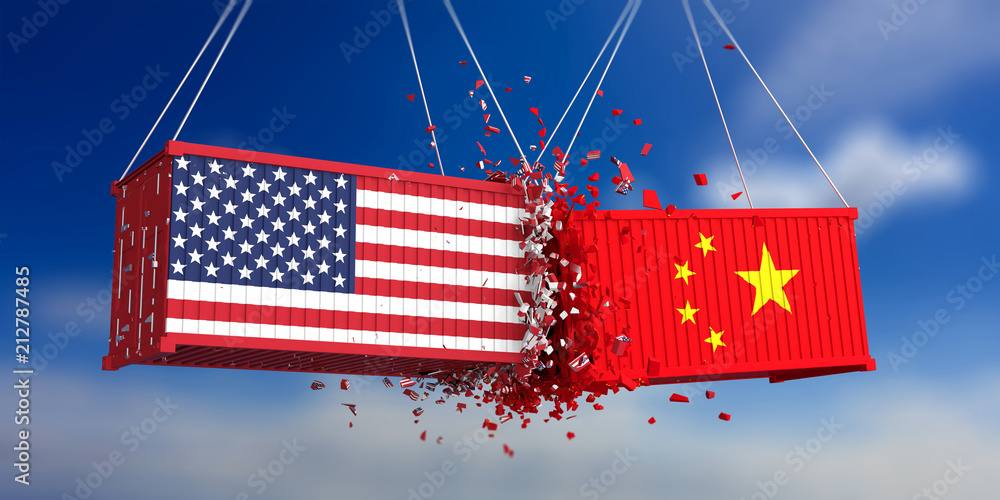 Sticker USA and China trade war. US of America and chinese flags crashed containers on blue sky background. 3d illustration