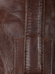 Stitched brown leather parts. Details of a man's bag