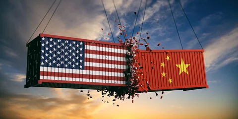Fototapeten USA and China trade war. US of America and Chinese flags crashed containers on sky at sunset background. 3d illustration © Rawf8