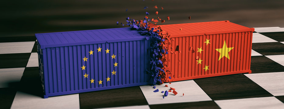 China and European Union flags crashed containers on chessboard. 3d illustration