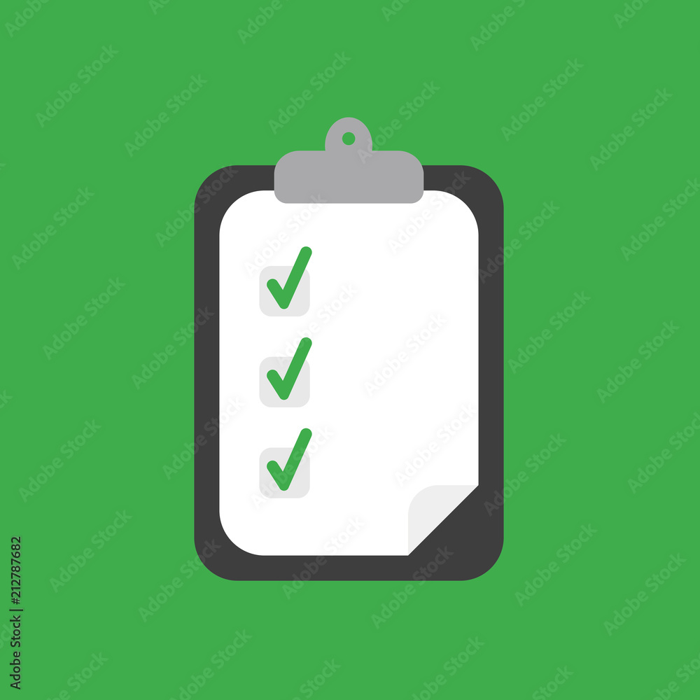 Poster vector icon concept of clipboard with paper and three check marks on green background
