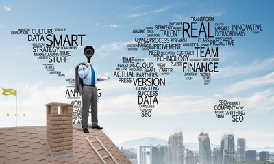 Concept of home security and privacy protection with camera headed man
