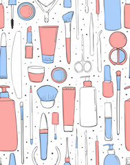 Cosmetics and makeup. Seamless pattern. Beauty saloon. Pastel pink and blue color. Trendy style, drawing by hand. Background for girls.