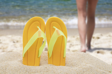 landscape with sandals beach, travel and summer vacation