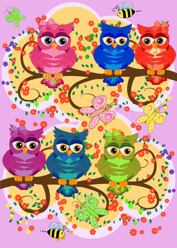 cute colorful cartoon owls sitting on tree branch with flowers.