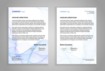 Letterhead template (printable business letter layout). Modern examples of corporate identity design pages. Company paper mockup image with guilloche lines. White background with official blue pattern