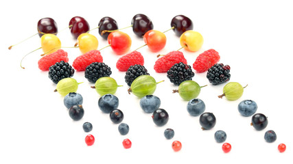 different juicy berries are laid out in rows on a white background