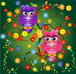 A bright, cartoon, beautiful, pink owl with a bow on the ear and a cup of coffee sits on a flowering tree branch