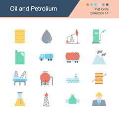 Oil and Petroleum icons. Flat design collection 14. For presentation, graphic design, mobile application, web design, infographics.