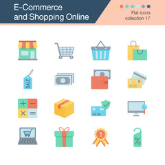 E-commerce and Shopping online icons. Flat design collection 17. For presentation, graphic design, mobile application, web design, infographics.