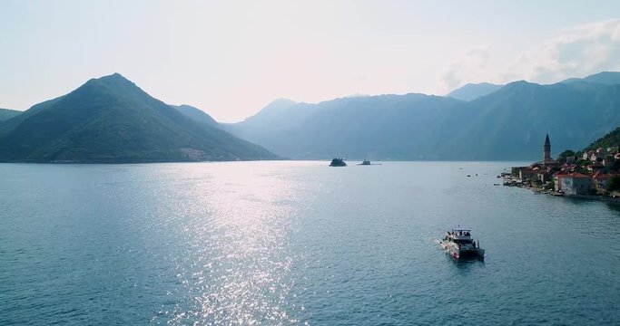 Aerial Veiw from Perast town to boko-kotor bay at sunset. Montenegro.