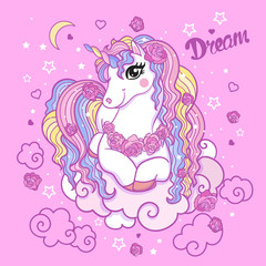 Dream. Beautiful white unicorn among clouds and roses on a pink background. Vector illustration.