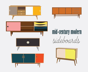 sideboards vector set mid century modern for interior designers, card, website,leaflet, retail. colorful and bright colors.