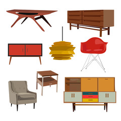 mid century danish living room retro furniture set. interior design elements collection. 
