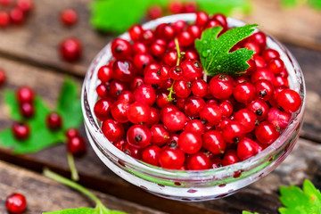 Ripe redcurrant in glass bowl close