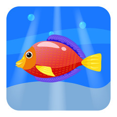 Cute Tropical fish, red color in sea, ocean, cartoon style, vector illustration, isolated