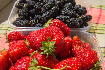 Assorted ripe strawberries and mulberry for a healthy diet
