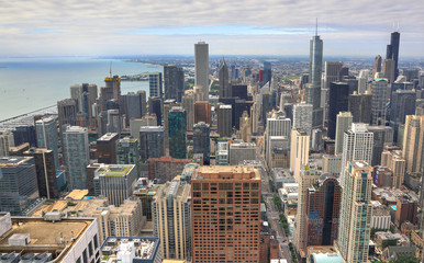 An aerial image of the Chicago, Illinois skyline.