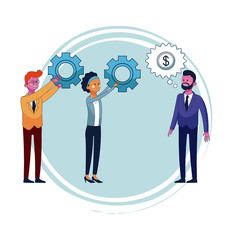 Business teamwork holding gears and making money vector illustration graphic design