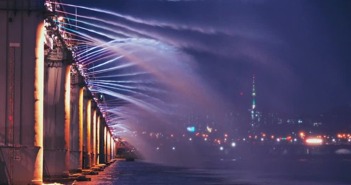 Rainbow fountain show at Banpo Bridge in Seoul city,South Korea. 