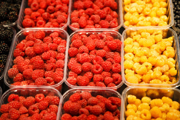 Colourful mix of different fresh berries at market