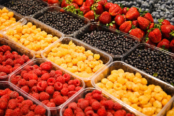 Colourful mix of different fresh berries at market