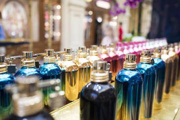 colorful perfume bottles on the counter
