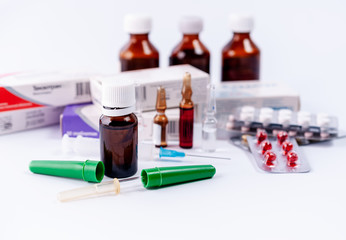 Medical preparations and medication on a white background
