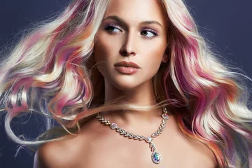 Wall murals Hairdressers beautiful girl with colorful hair and jewelry