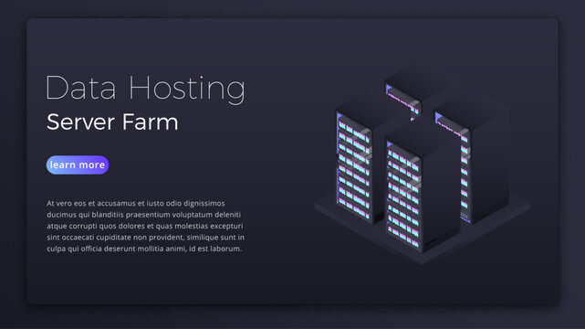 Data hosting. Datacenter server farm isometric concept. Modern data hosting hero image design