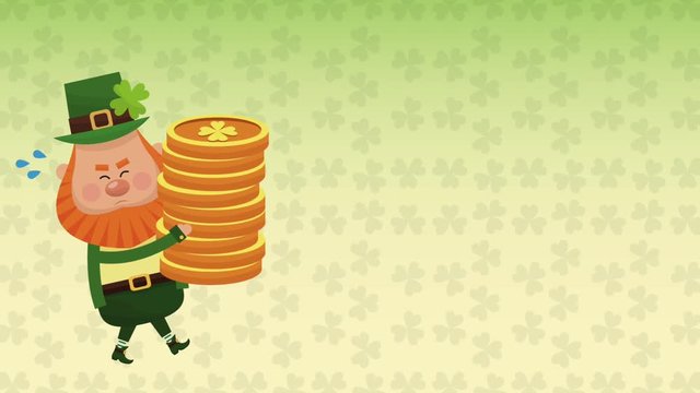 Cute elf holding coins over green clovers background High definition animation colorful scenes