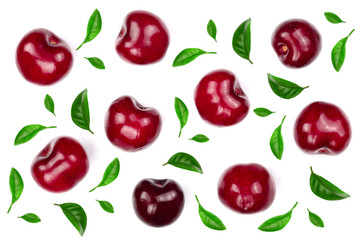 Sweet red cherries isolated on white background. Top view. Flat lay pattern