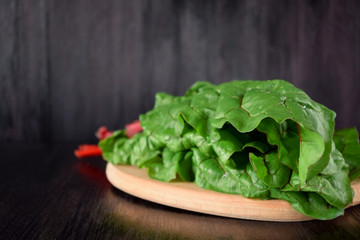 Fresh chard leaves against the dark background