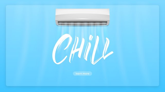 Air conditioner concept illustration. Chill lettering text and realistick conditioner with cold air flows breeze. Air conditioning hero image