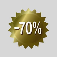 Price tag, '70% off' discount sticker. Golden vector label design on isolated background.