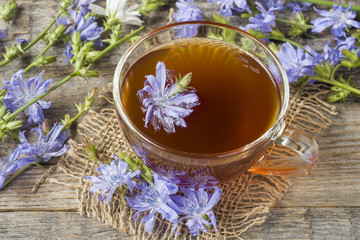 Chicory drink in Cup and flowers on rustic wooden background. Medicinal plant Cichorii.